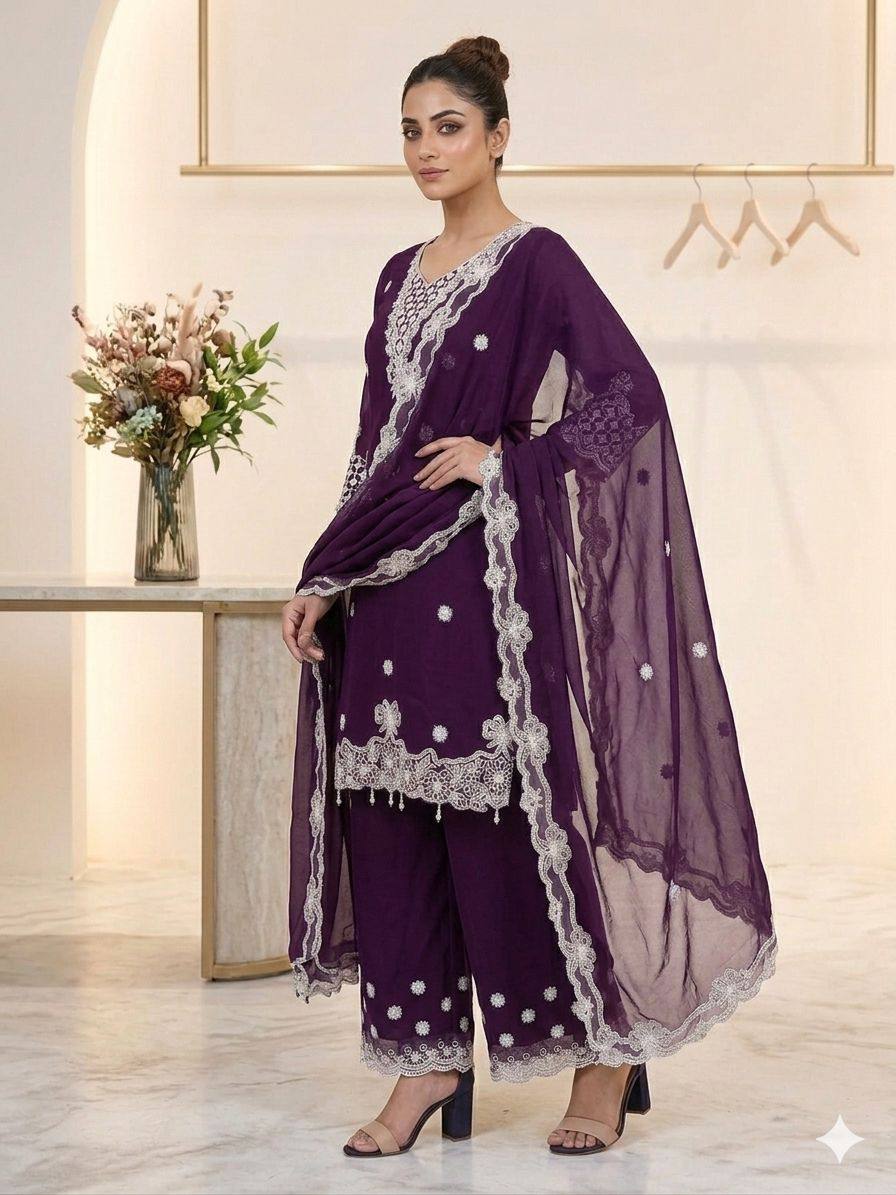 Aarna Georgette Sequins Embroidered Palazzo Suit with Dupatta