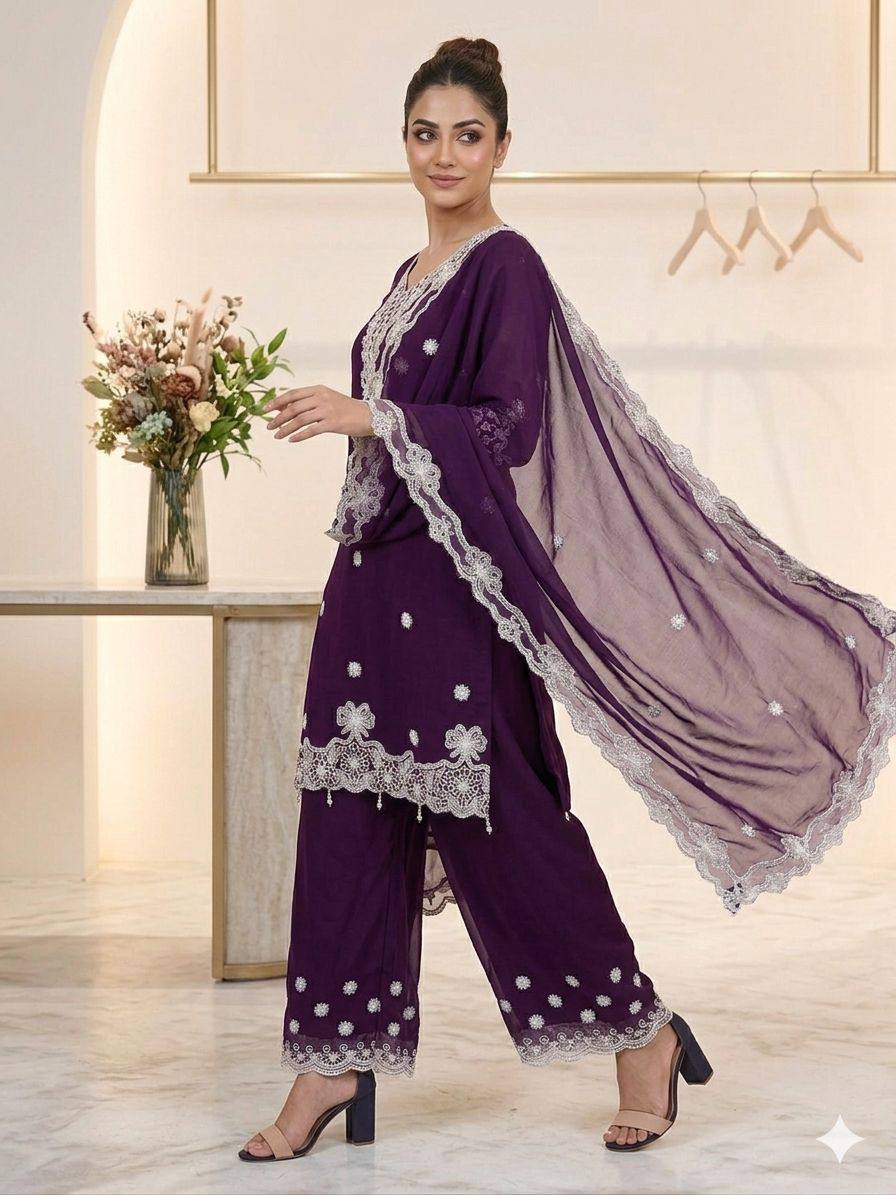 Aarna Georgette Sequins Embroidered Palazzo Suit with Dupatta
