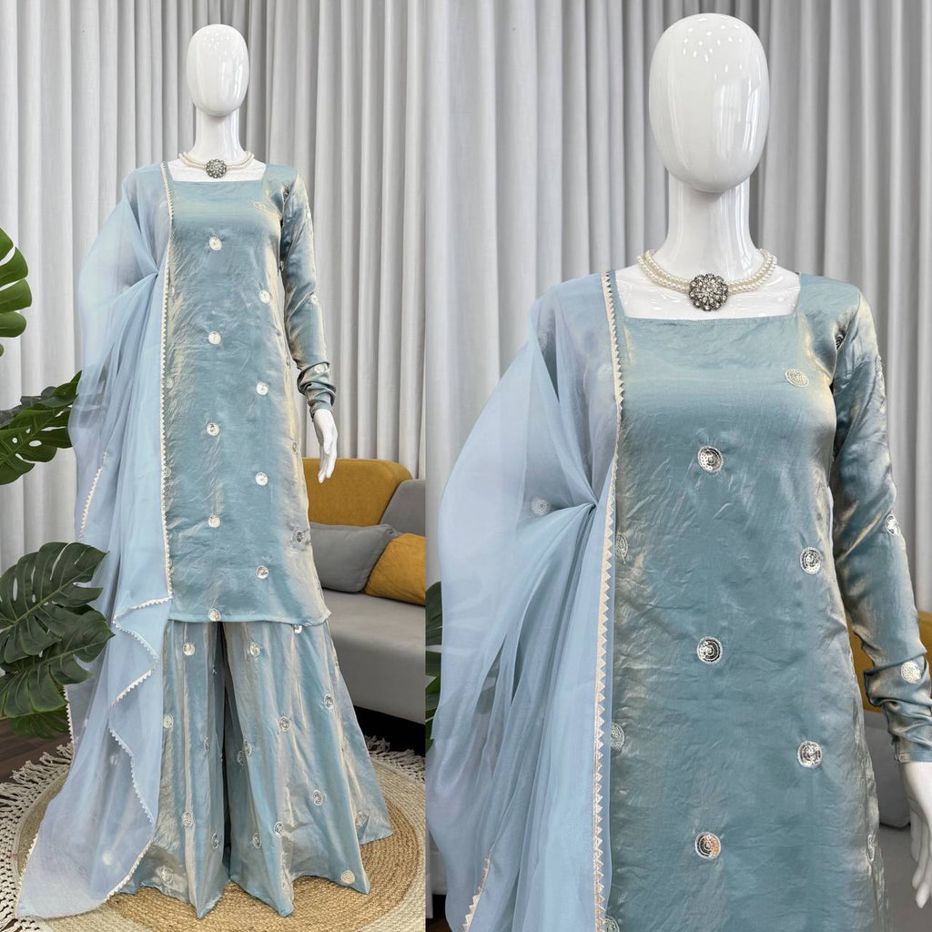Ishaani Fandy Silk Sequence Work Kurti with Palazzo & Dupatta Set