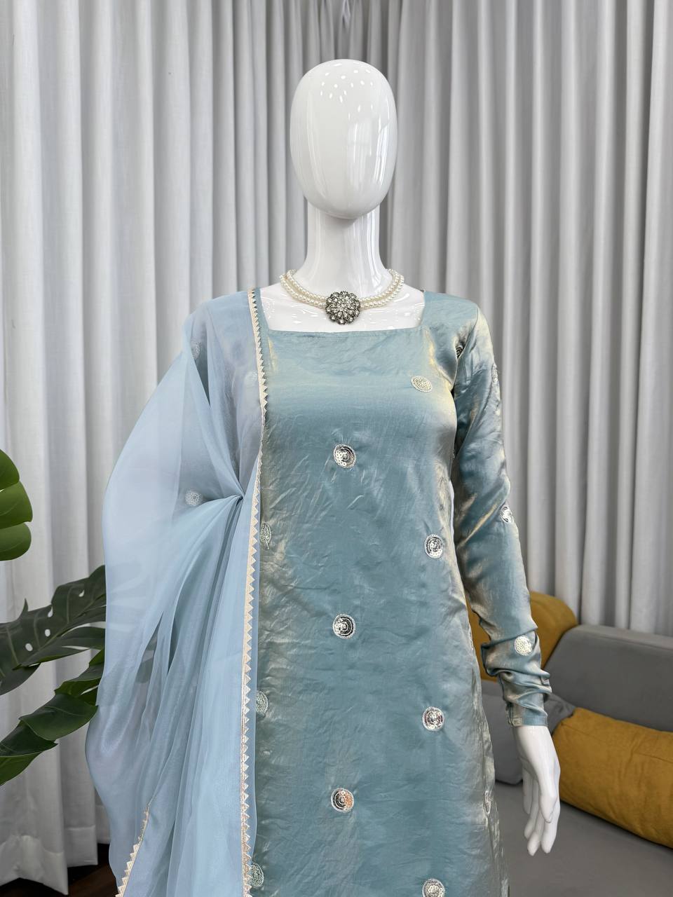 Ishaani Fandy Silk Sequence Work Kurti with Palazzo & Dupatta Set