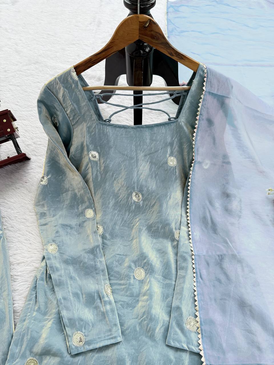 Ishaani Fandy Silk Sequence Work Kurti with Palazzo & Dupatta Set