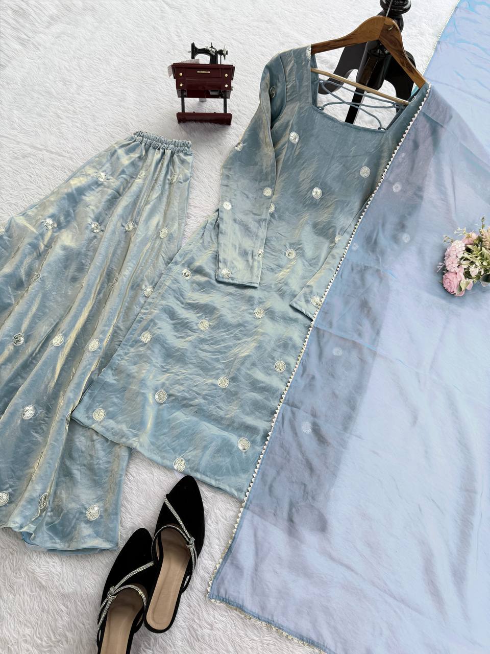 Ishaani Fandy Silk Sequence Work Kurti with Palazzo & Dupatta Set