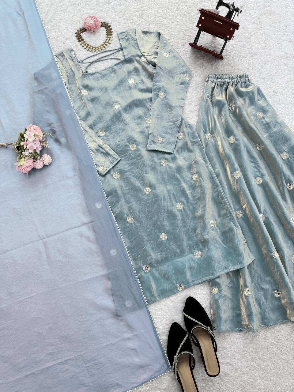 Ishaani Fandy Silk Sequence Work Kurti with Palazzo & Dupatta Set