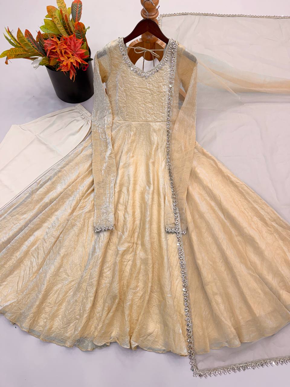 Aarushi Doremon Crush Mirror Work Gown with Pant & Butterfly Net Dupatta Set