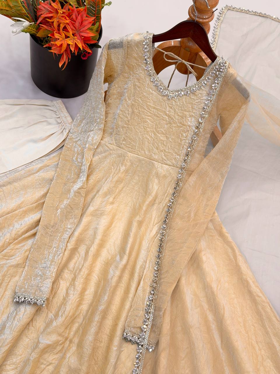 Aarushi Doremon Crush Mirror Work Gown with Pant & Butterfly Net Dupatta Set