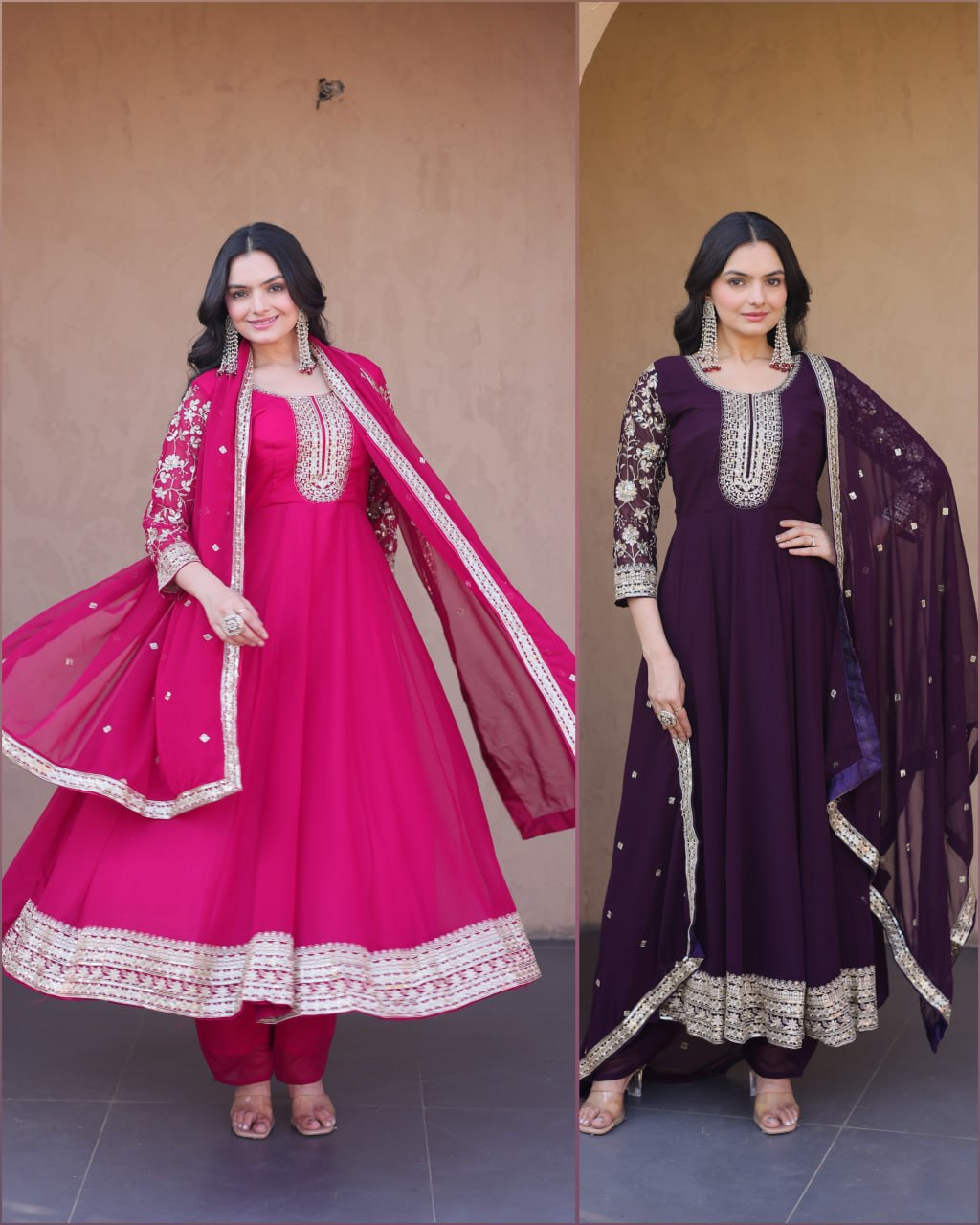 Eshanya Royale Faux Blooming Zari & Sequins Embroidered Gown Set with Pant & Designer Dupatta