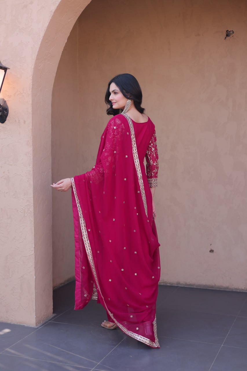 Eshanya Royale Faux Blooming Zari & Sequins Embroidered Gown Set with Pant & Designer Dupatta