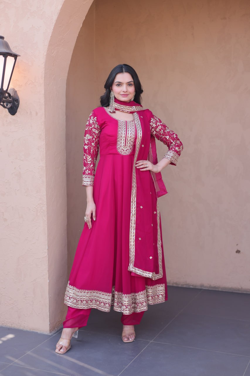 Eshanya Royale Faux Blooming Zari & Sequins Embroidered Gown Set with Pant & Designer Dupatta