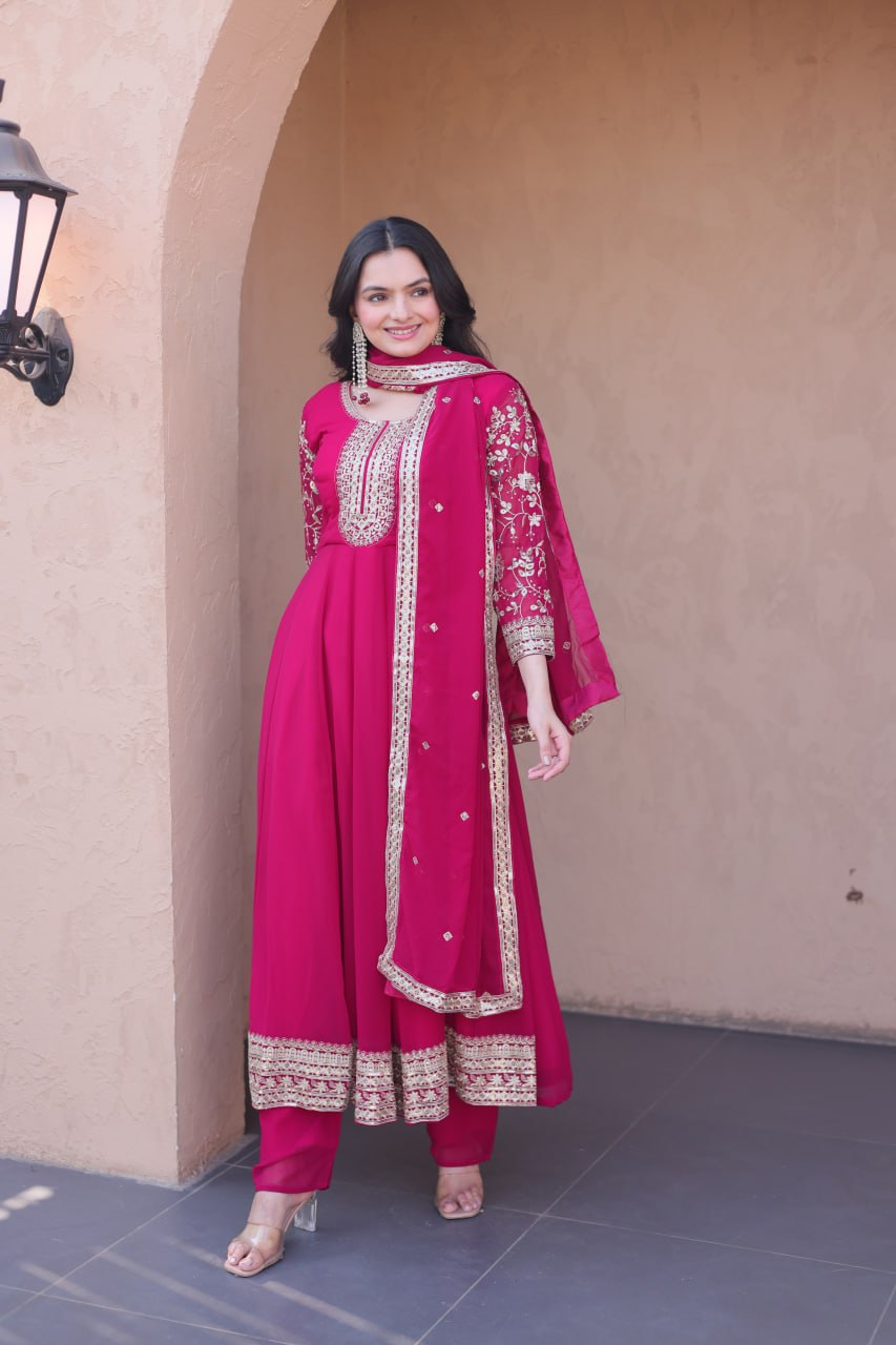 Eshanya Royale Faux Blooming Zari & Sequins Embroidered Gown Set with Pant & Designer Dupatta