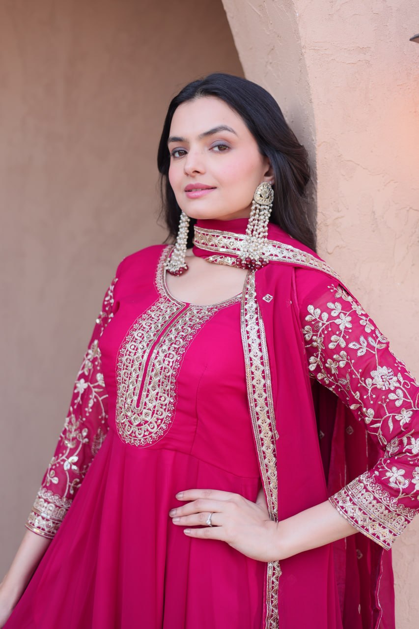 Eshanya Royale Faux Blooming Zari & Sequins Embroidered Gown Set with Pant & Designer Dupatta