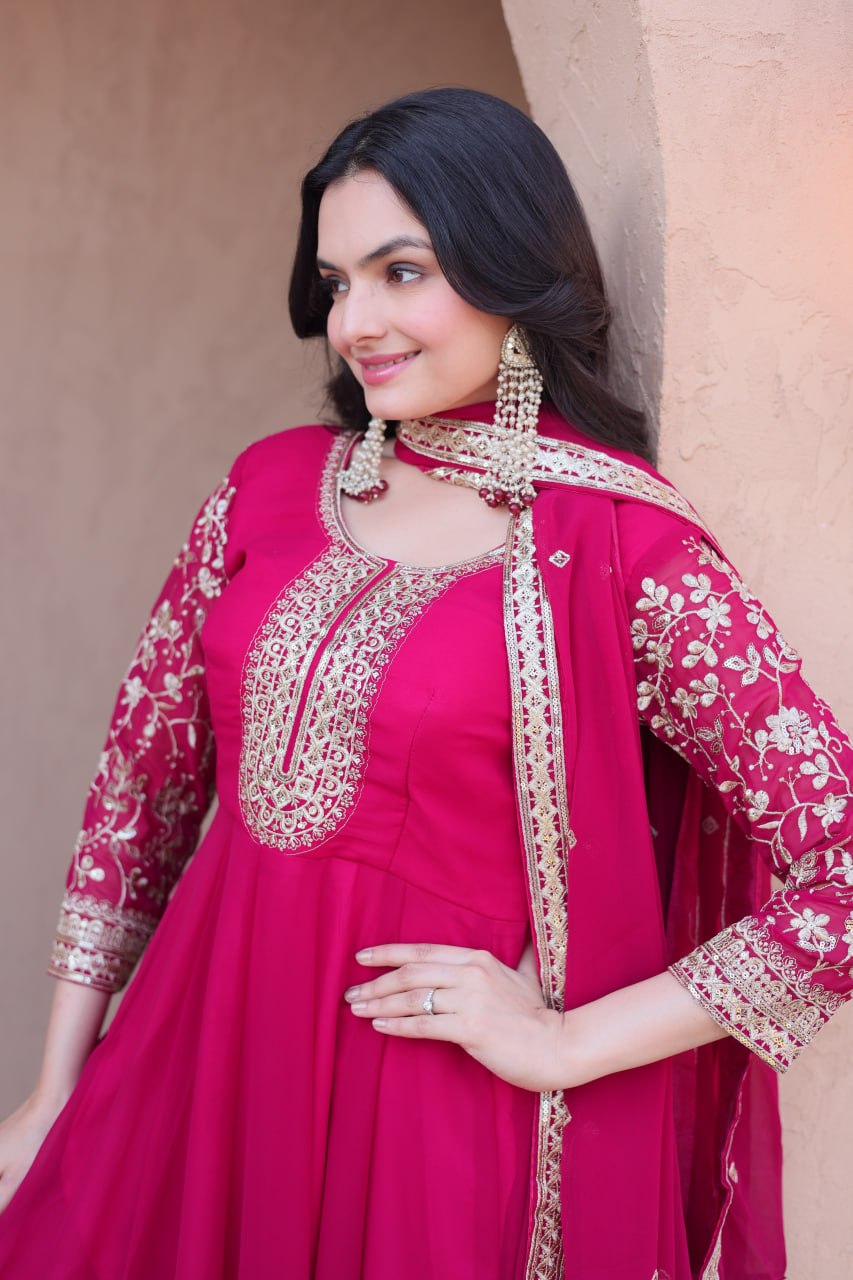 Eshanya Royale Faux Blooming Zari & Sequins Embroidered Gown Set with Pant & Designer Dupatta
