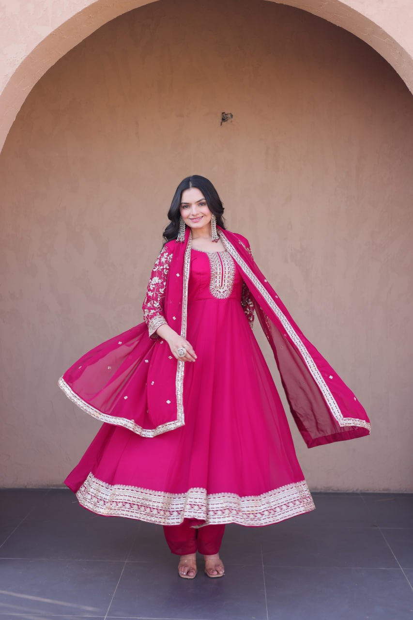 Eshanya Royale Faux Blooming Zari & Sequins Embroidered Gown Set with Pant & Designer Dupatta