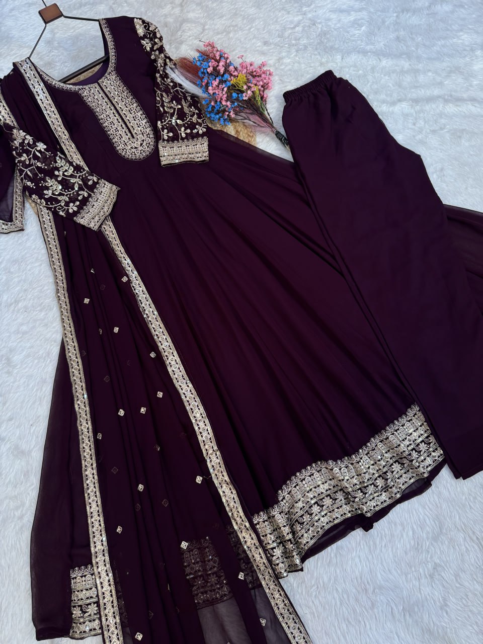 Eshanya Royale Faux Blooming Zari & Sequins Embroidered Gown Set with Pant & Designer Dupatta