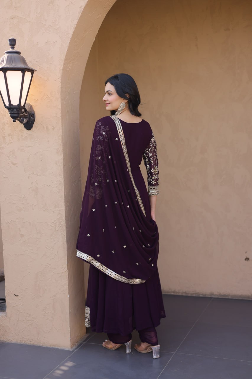 Eshanya Royale Faux Blooming Zari & Sequins Embroidered Gown Set with Pant & Designer Dupatta