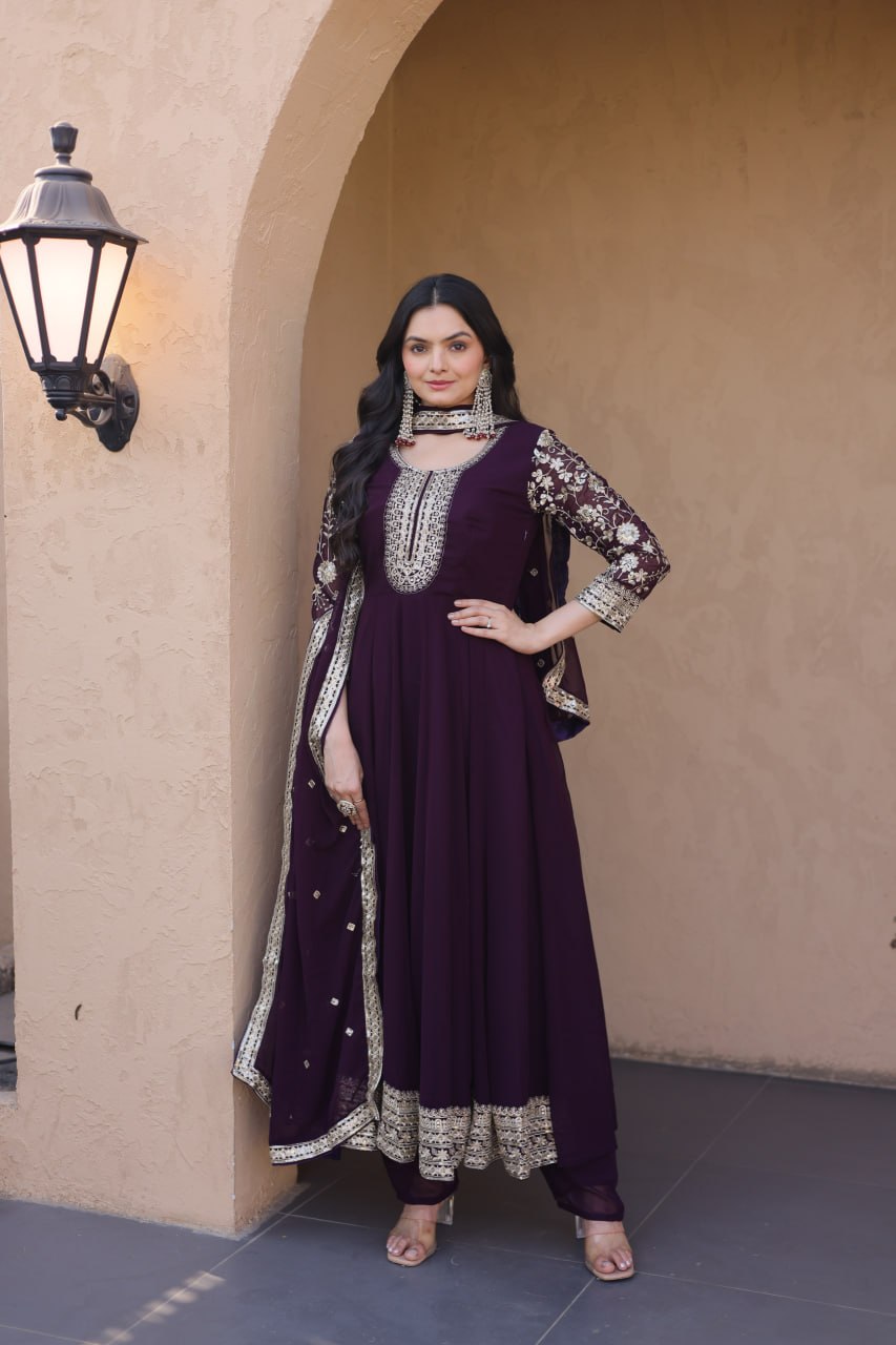 Eshanya Royale Faux Blooming Zari & Sequins Embroidered Gown Set with Pant & Designer Dupatta