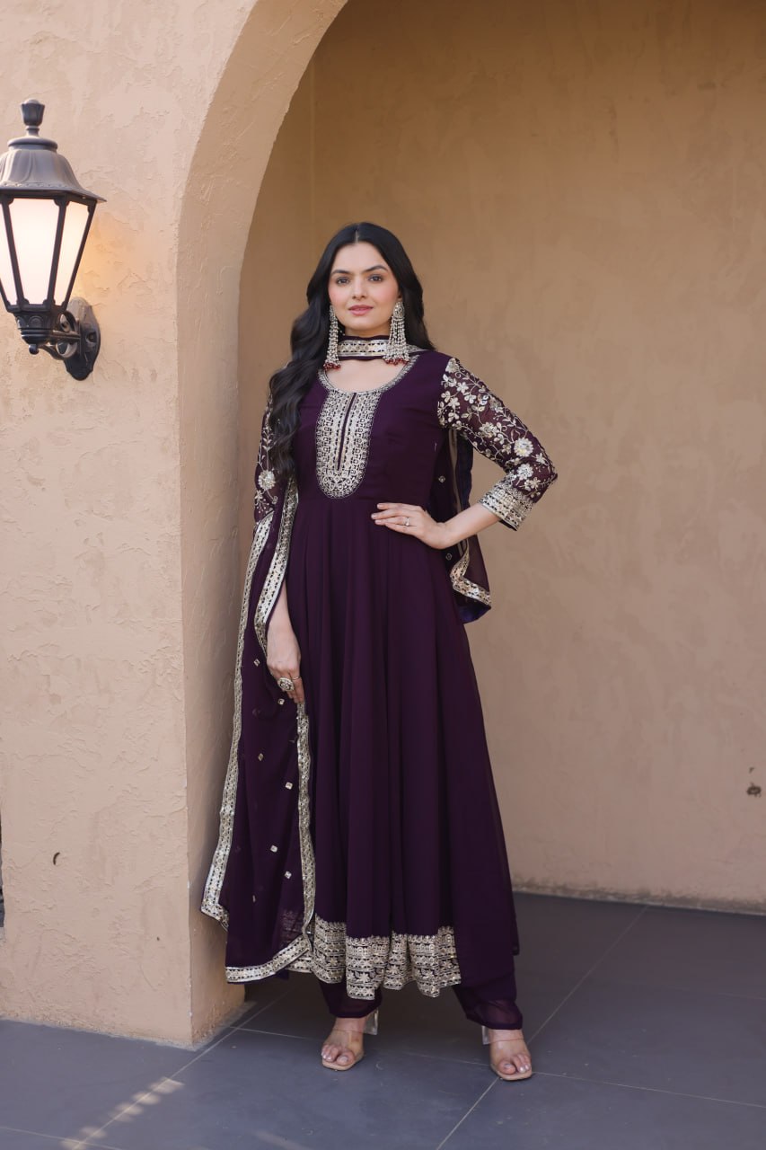Eshanya Royale Faux Blooming Zari & Sequins Embroidered Gown Set with Pant & Designer Dupatta