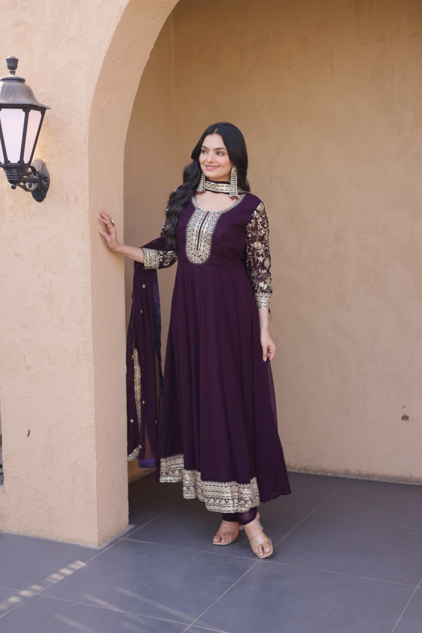 Eshanya Royale Faux Blooming Zari & Sequins Embroidered Gown Set with Pant & Designer Dupatta