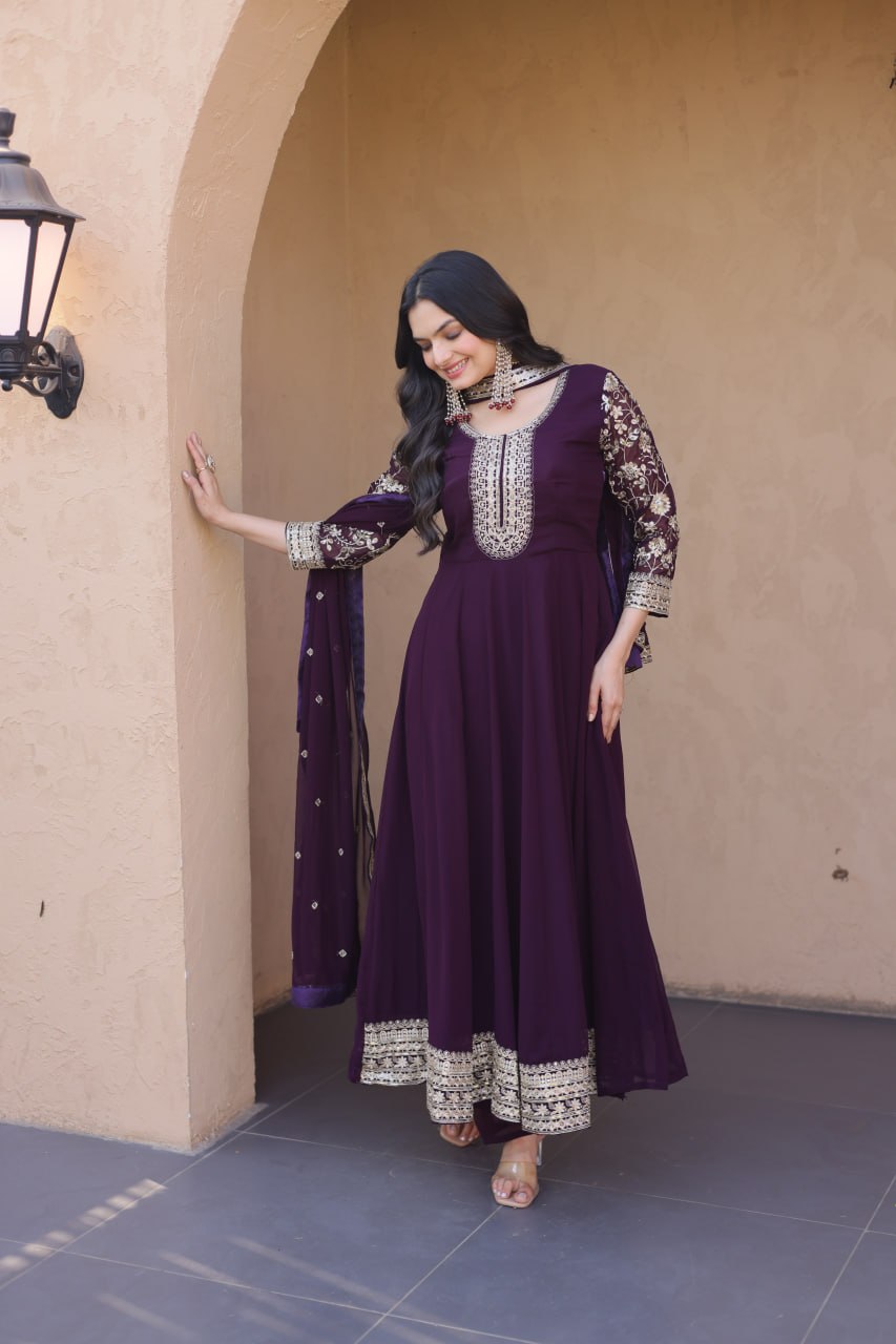 Eshanya Royale Faux Blooming Zari & Sequins Embroidered Gown Set with Pant & Designer Dupatta