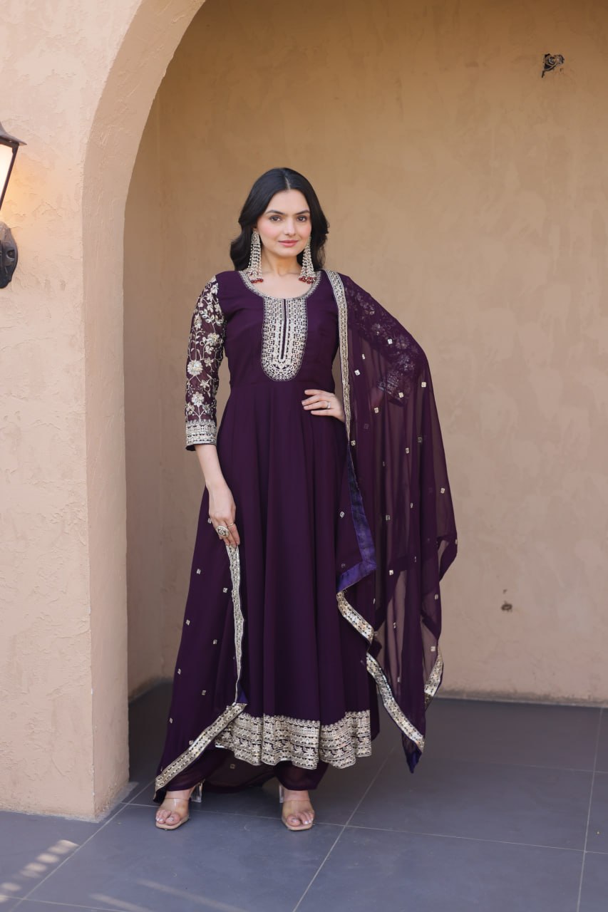 Eshanya Royale Faux Blooming Zari & Sequins Embroidered Gown Set with Pant & Designer Dupatta
