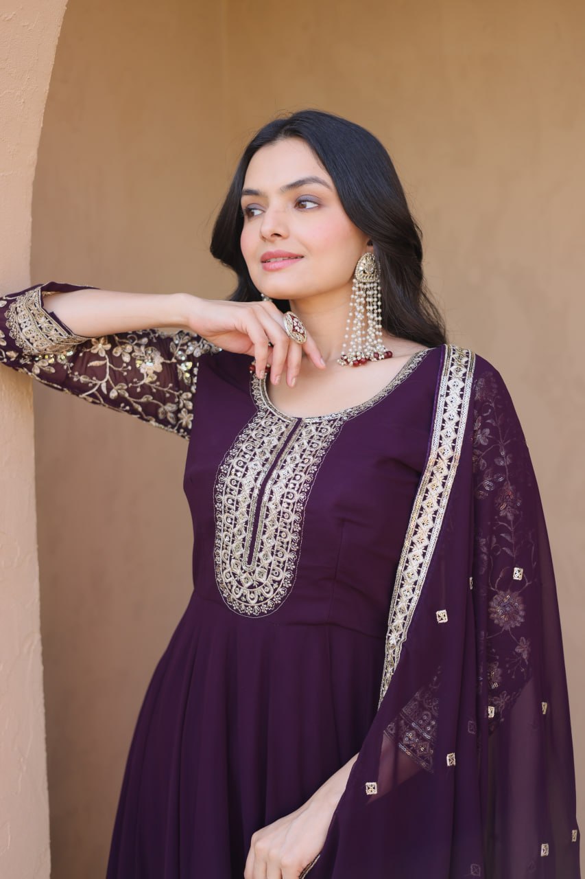 Eshanya Royale Faux Blooming Zari & Sequins Embroidered Gown Set with Pant & Designer Dupatta