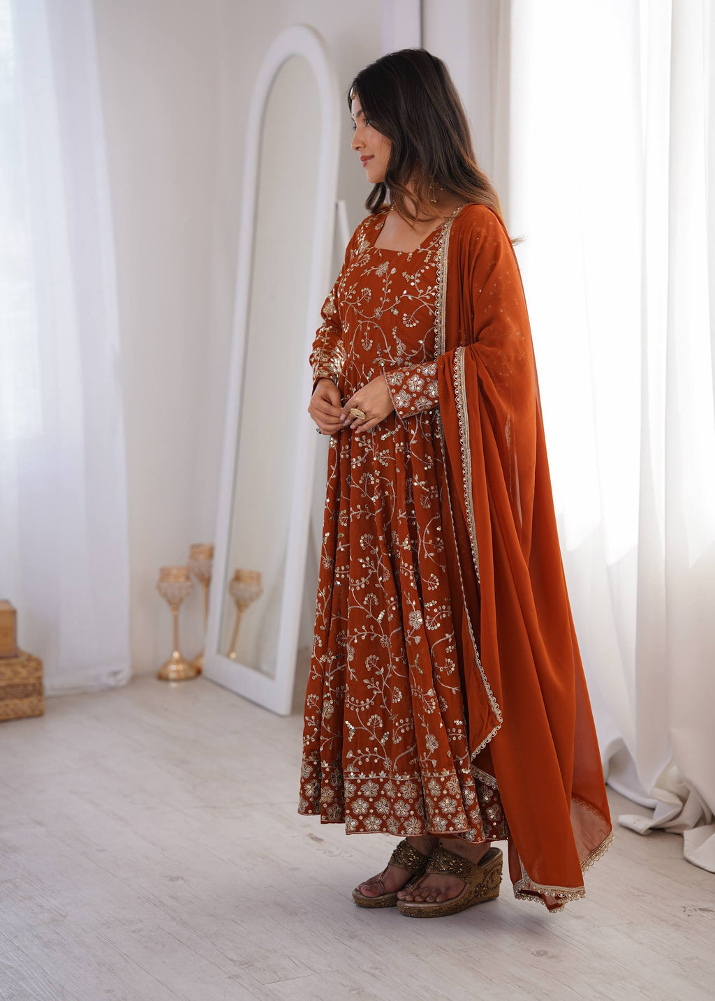 Zarmina Faux Georgette Sequins Embroidered Anarkali Gown with Bottom & Dupatta Set