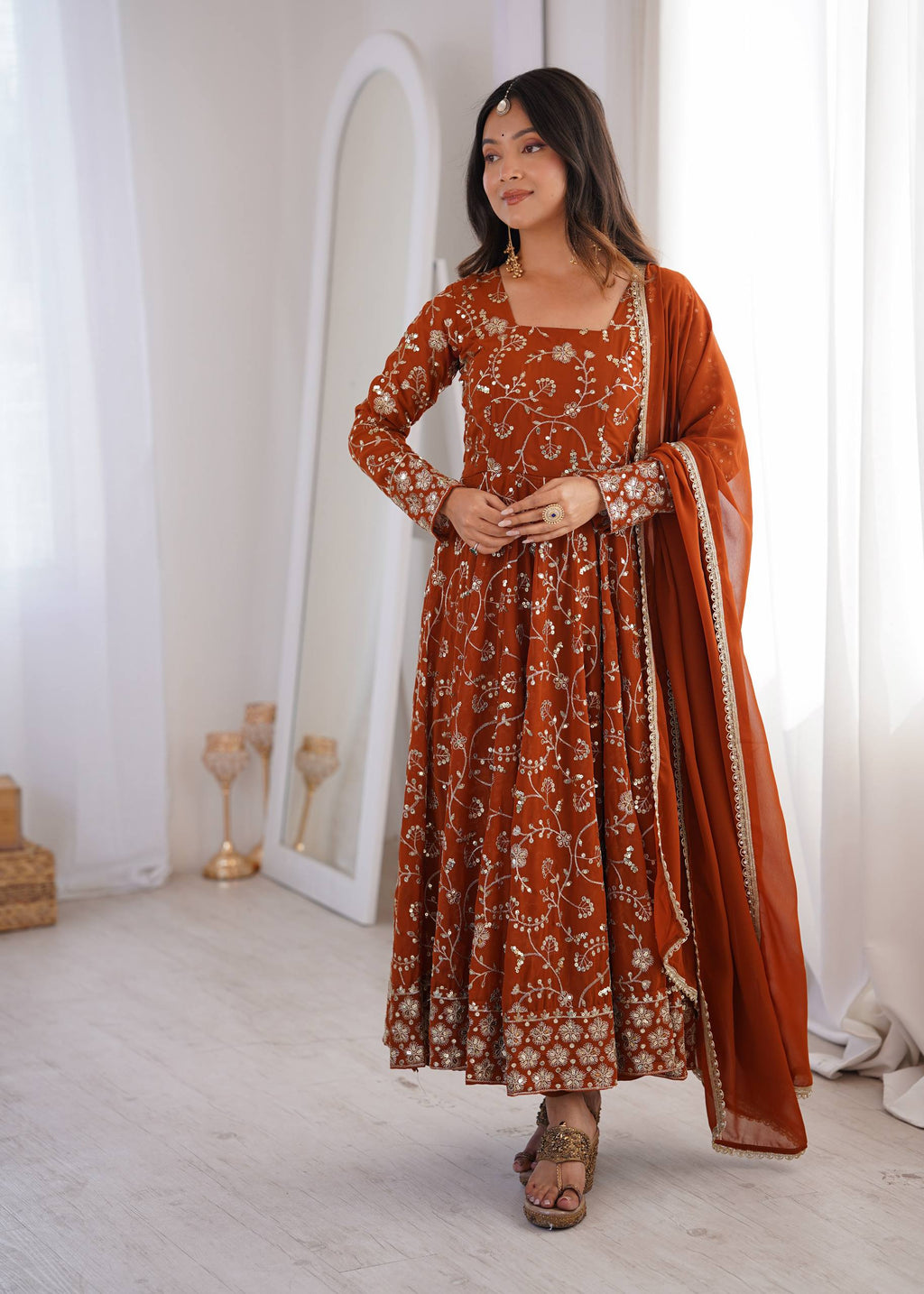Zarmina Faux Georgette Sequins Embroidered Anarkali Gown with Bottom & Dupatta Set