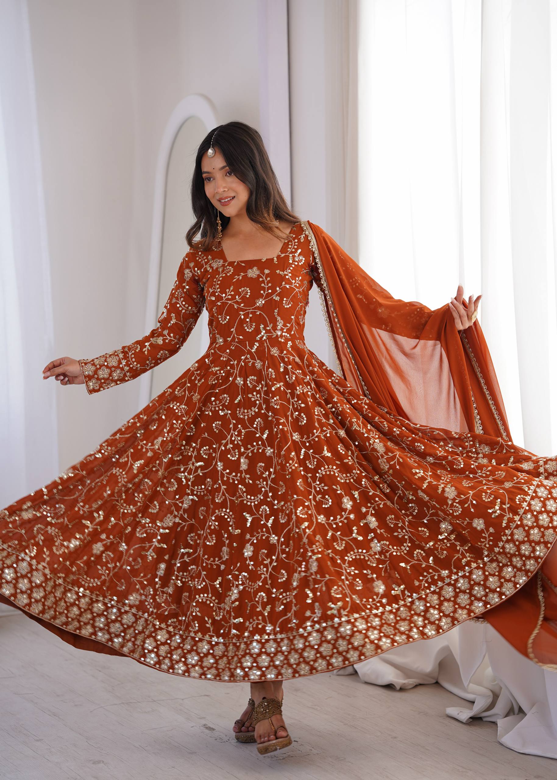 Zarmina Faux Georgette Sequins Embroidered Anarkali Gown with Bottom & Dupatta Set