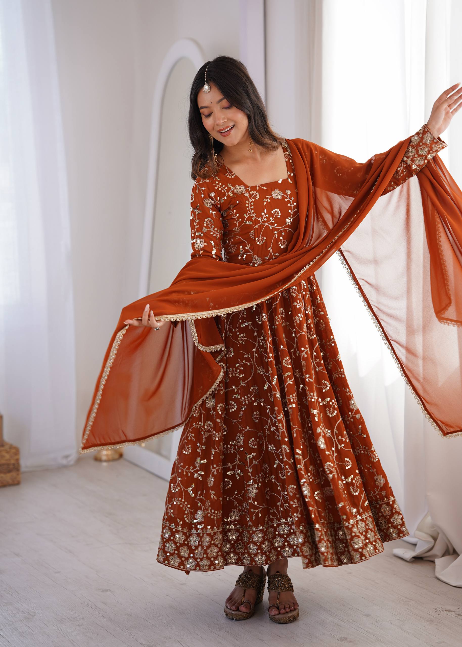 Zarmina Faux Georgette Sequins Embroidered Anarkali Gown with Bottom & Dupatta Set