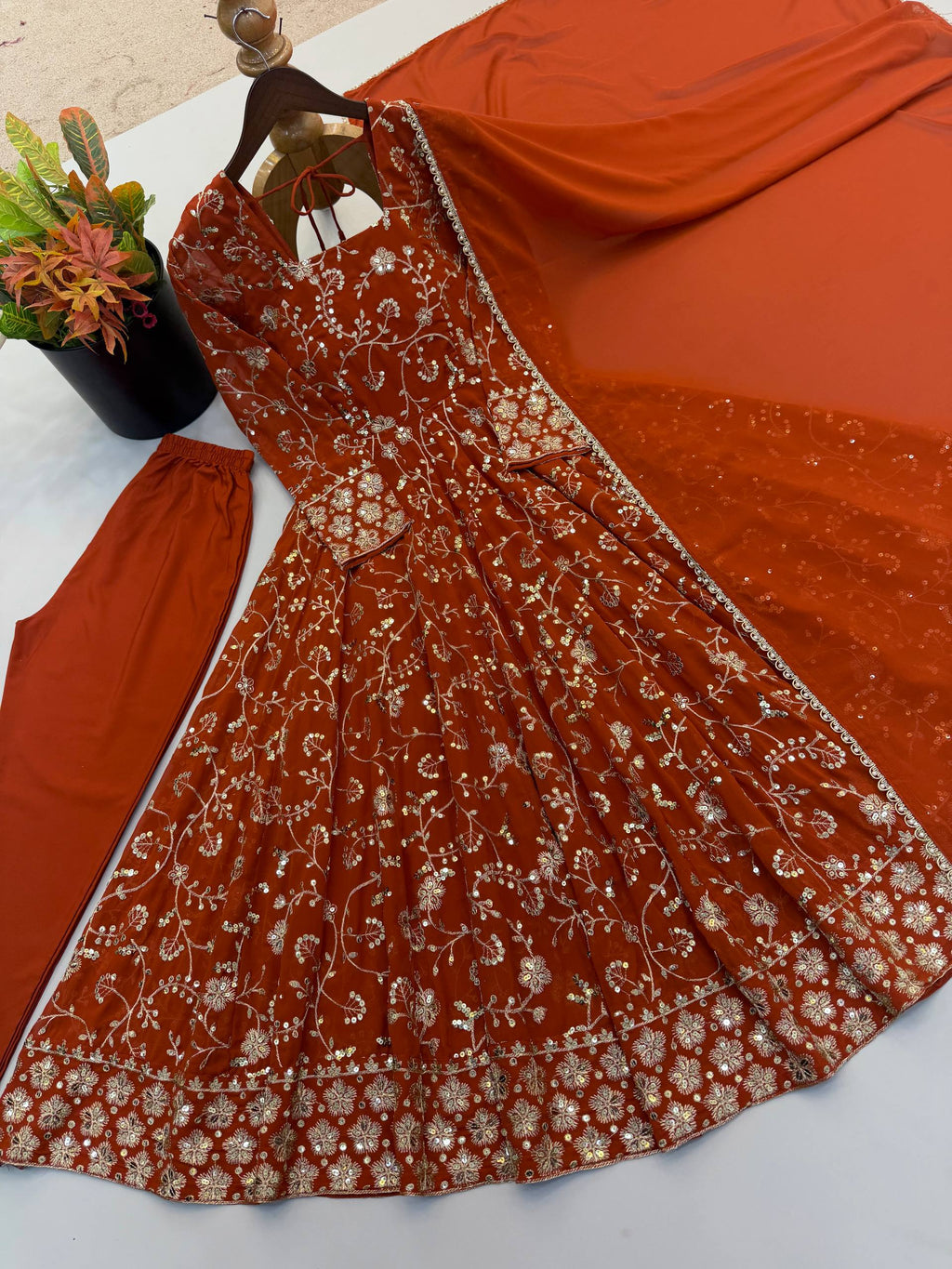 Zarmina Faux Georgette Sequins Embroidered Anarkali Gown with Bottom & Dupatta Set