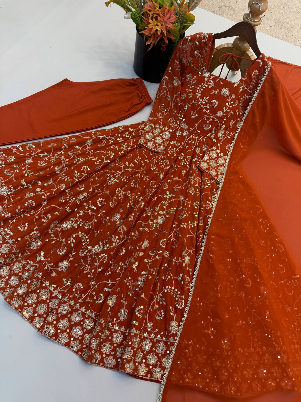 Zarmina Faux Georgette Sequins Embroidered Anarkali Gown with Bottom & Dupatta Set