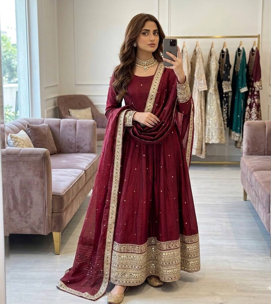 Kashvi Fendy Satin Silk Sequins Embroidered Anarkali with Bottom & Dupatta