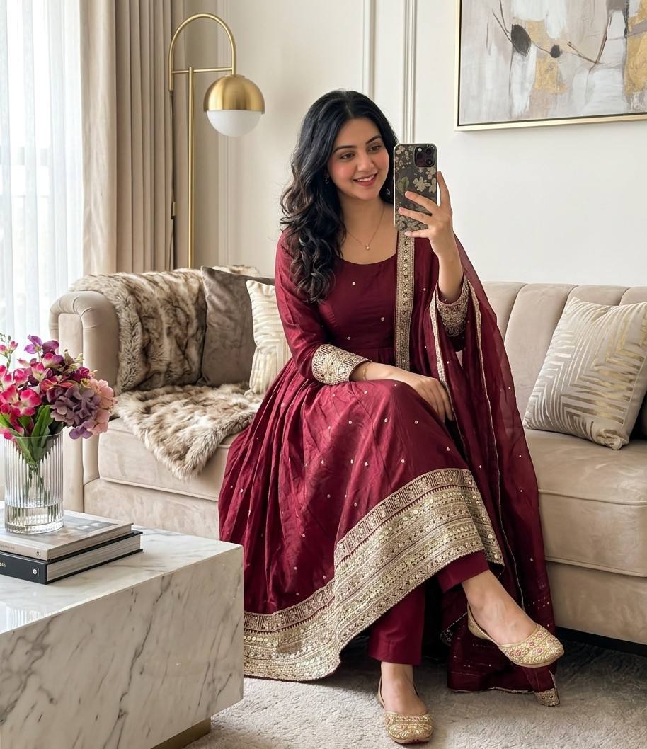 Kashvi Fendy Satin Silk Sequins Embroidered Anarkali with Bottom & Dupatta