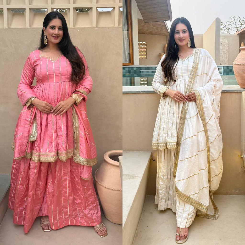 Iraanvi Heritage Heavy CP Vichitra Silk Embroidered Sharara Palazzo Suit Set with Lace Border Dupatta