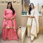 Iraanvi Heritage Heavy CP Vichitra Silk Embroidered Sharara Palazzo Suit Set with Lace Border Dupatta
