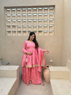Iraanvi Heritage Heavy CP Vichitra Silk Embroidered Sharara Palazzo Suit Set with Lace Border Dupatta