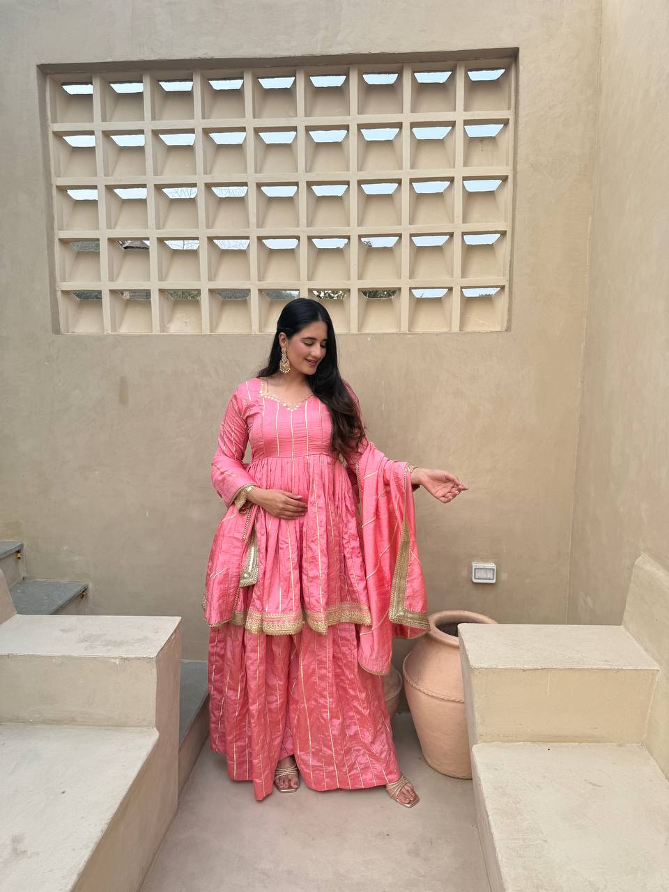 Iraanvi Heritage Heavy CP Vichitra Silk Embroidered Sharara Palazzo Suit Set with Lace Border Dupatta