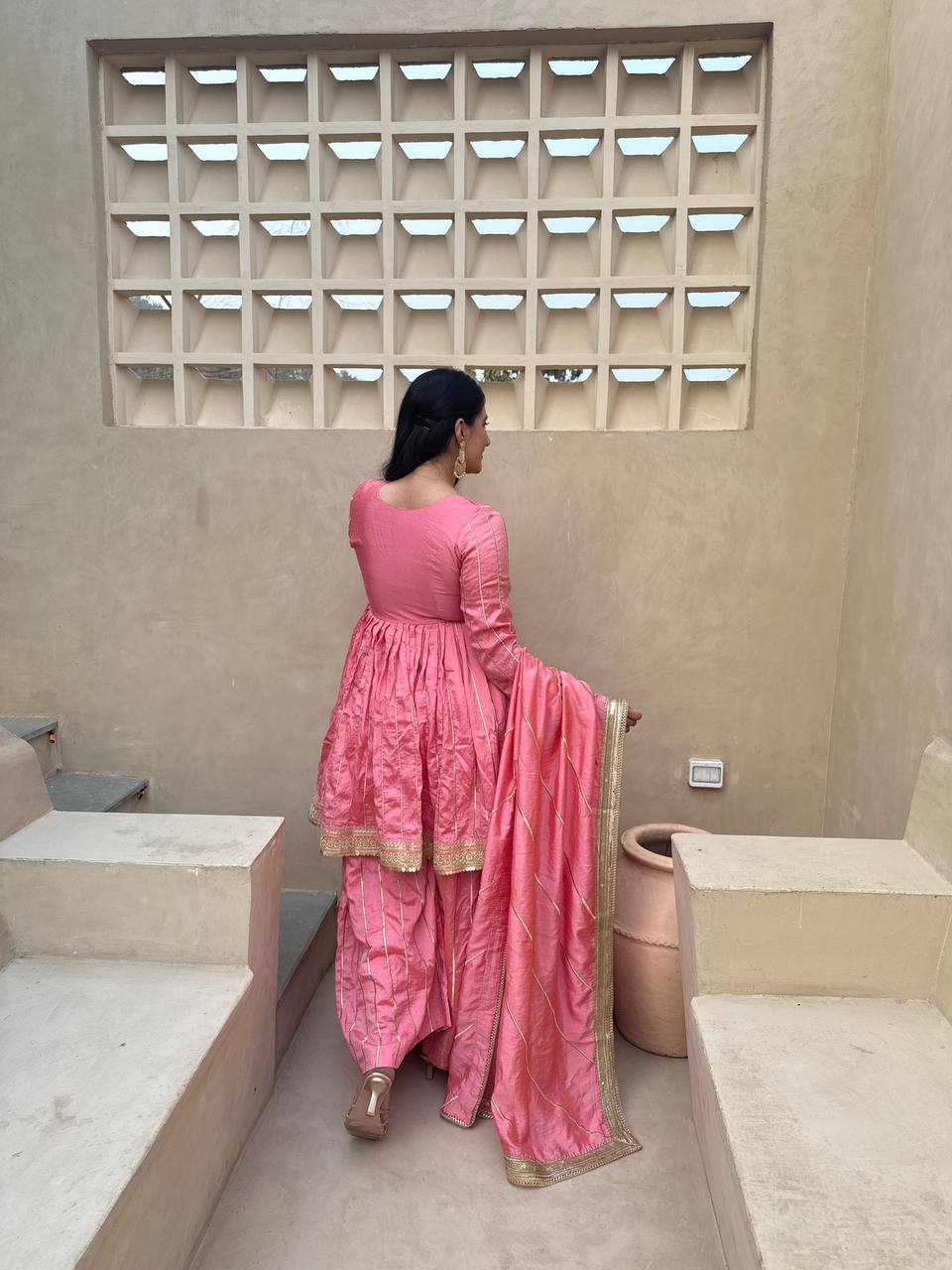 Iraanvi Heritage Heavy CP Vichitra Silk Embroidered Sharara Palazzo Suit Set with Lace Border Dupatta