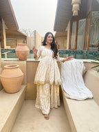 Iraanvi Heritage Heavy CP Vichitra Silk Embroidered Sharara Palazzo Suit Set with Lace Border Dupatta
