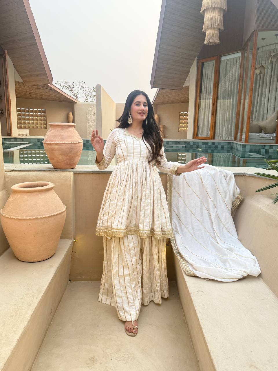 Iraanvi Heritage Heavy CP Vichitra Silk Embroidered Sharara Palazzo Suit Set with Lace Border Dupatta