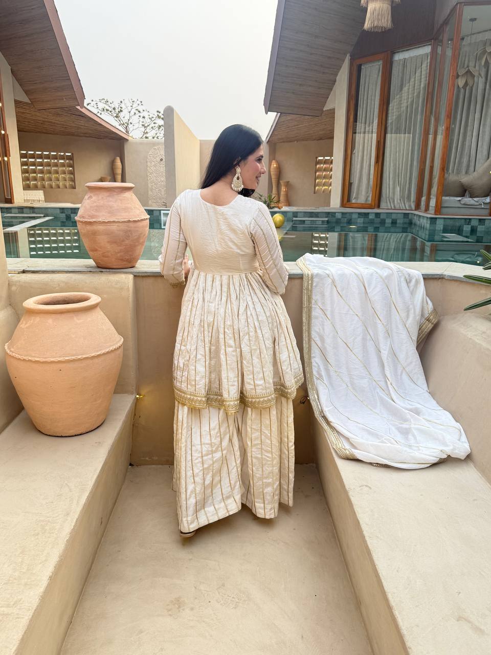 Iraanvi Heritage Heavy CP Vichitra Silk Embroidered Sharara Palazzo Suit Set with Lace Border Dupatta