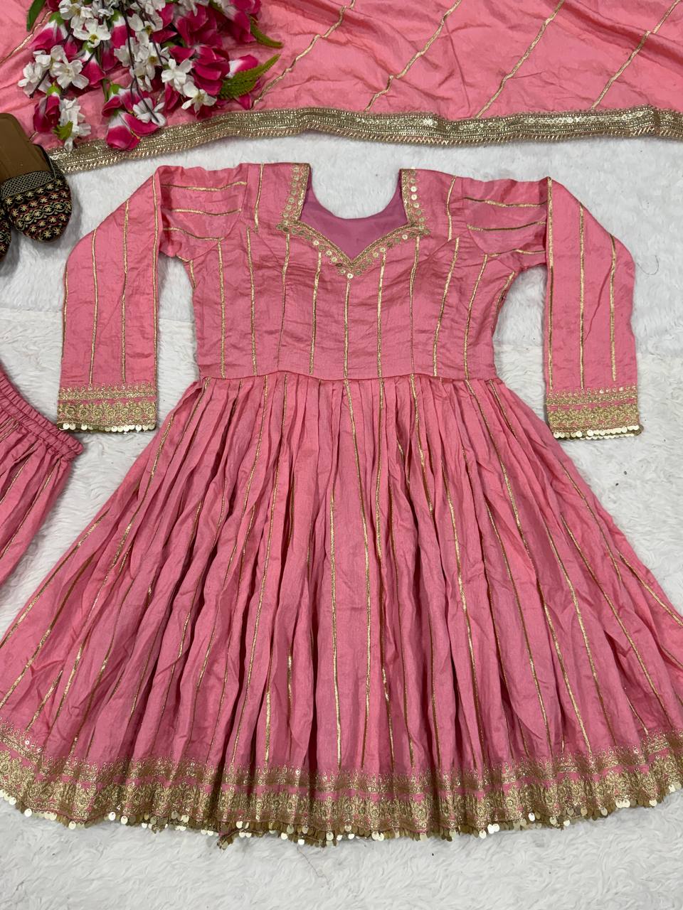 Iraanvi Heritage Heavy CP Vichitra Silk Embroidered Sharara Palazzo Suit Set with Lace Border Dupatta