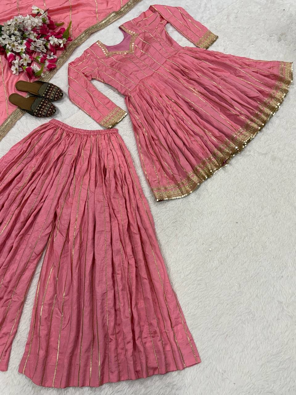 Iraanvi Heritage Heavy CP Vichitra Silk Embroidered Sharara Palazzo Suit Set with Lace Border Dupatta