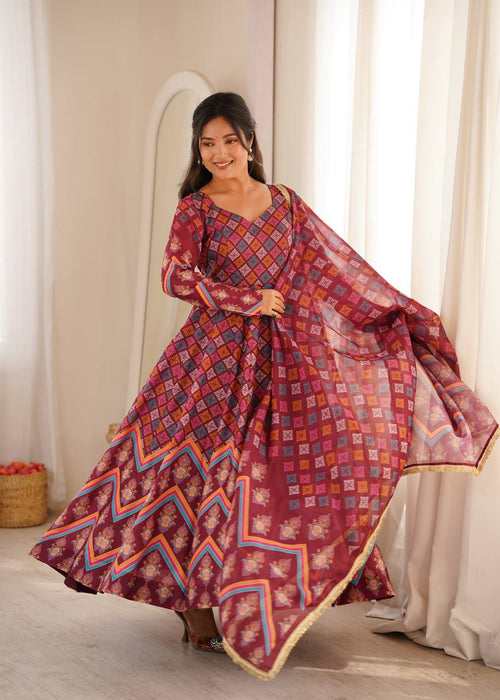 Anvisha Printed Maslin Flared Anarkali with Pant & Tabby Organza Dupatta Set