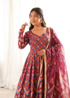 Anvisha Printed Maslin Flared Anarkali with Pant & Tabby Organza Dupatta Set