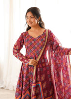 Anvisha Printed Maslin Flared Anarkali with Pant & Tabby Organza Dupatta Set
