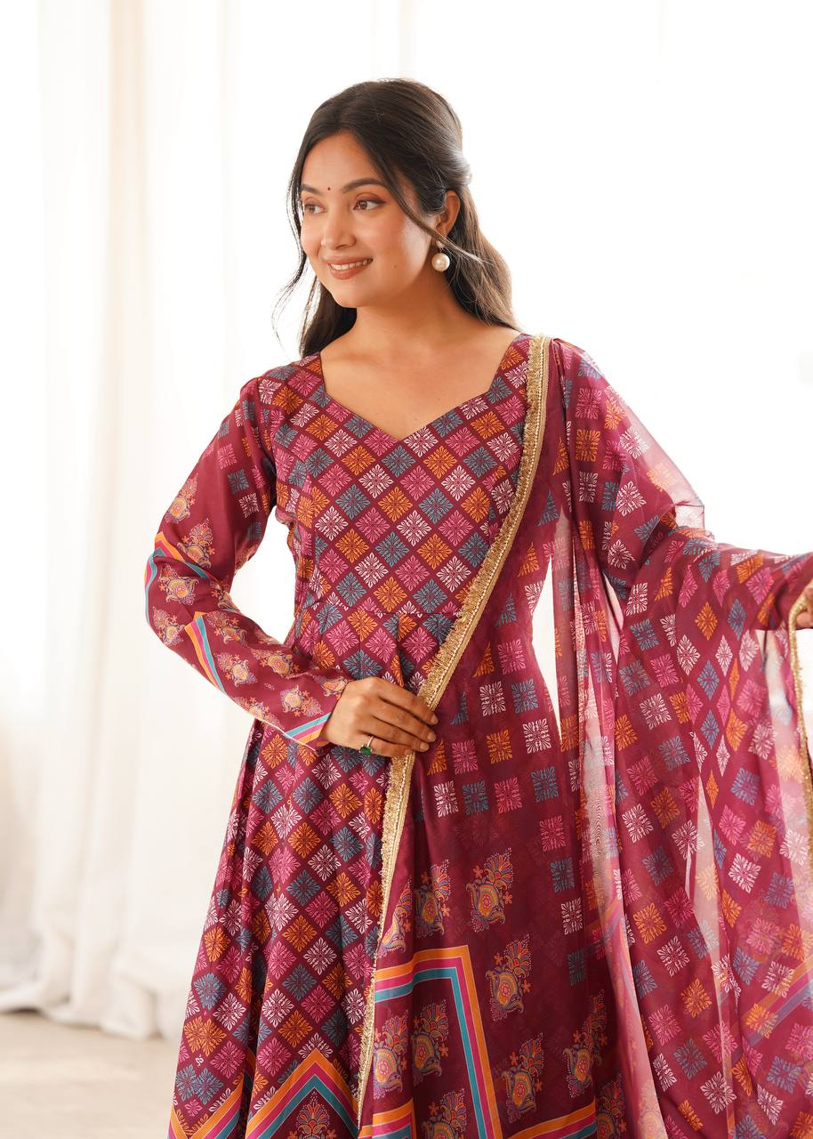 Anvisha Printed Maslin Flared Anarkali with Pant & Tabby Organza Dupatta Set