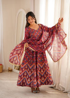 Anvisha Printed Maslin Flared Anarkali with Pant & Tabby Organza Dupatta Set