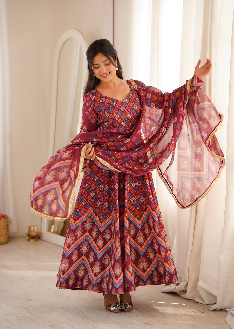 Anvisha Printed Maslin Flared Anarkali with Pant & Tabby Organza Dupatta Set