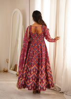 Anvisha Printed Maslin Flared Anarkali with Pant & Tabby Organza Dupatta Set