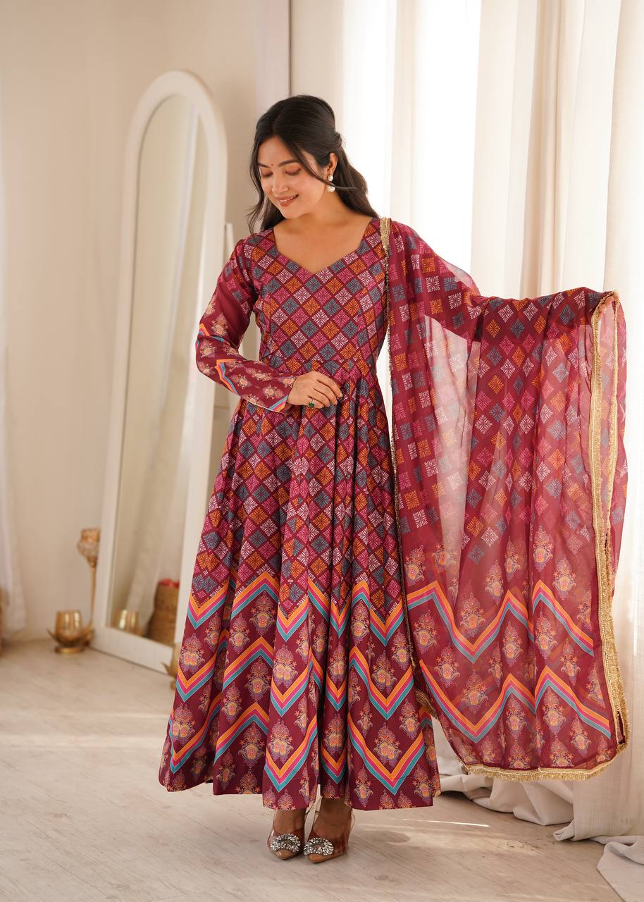 Anvisha Printed Maslin Flared Anarkali with Pant & Tabby Organza Dupatta Set